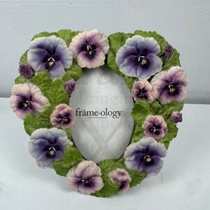 Vintage Frameology 1999 Pansy Floral Oval Picture Frame Purple Green Cottagecore